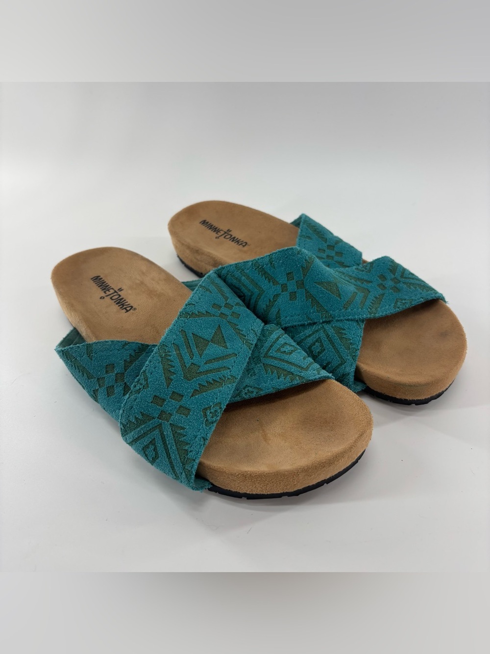 Minnetonka Lyric Slide sandals in turquoise teal suede 8 boho southwestern